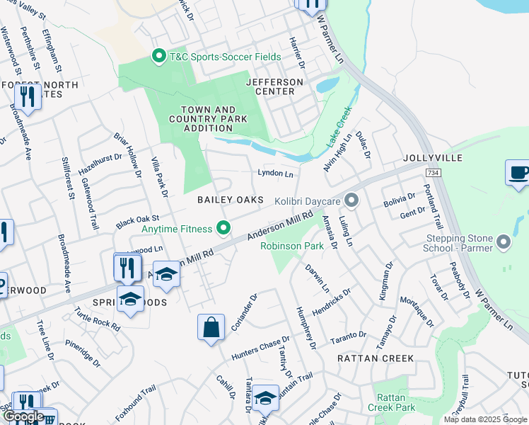map of restaurants, bars, coffee shops, grocery stores, and more near 8413 Slant Oak Drive in Austin