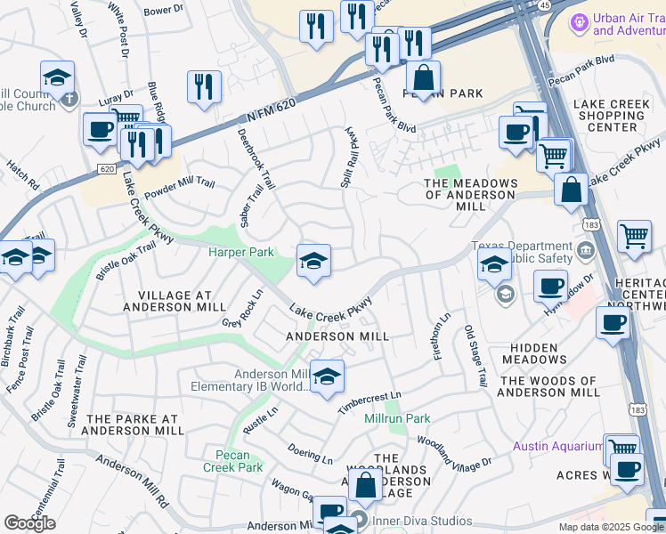 map of restaurants, bars, coffee shops, grocery stores, and more near 10802 School House Lane in Austin