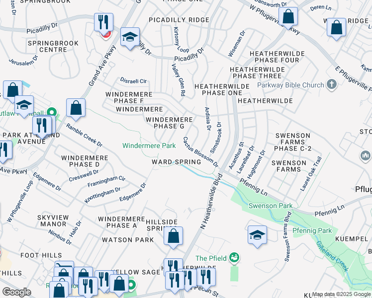 map of restaurants, bars, coffee shops, grocery stores, and more near 16916 Cactus Blossom Drive in Pflugerville