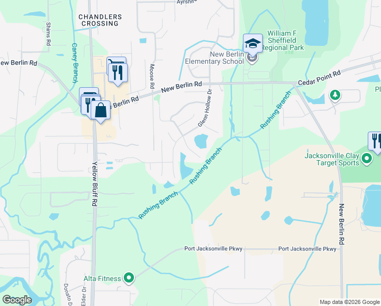 map of restaurants, bars, coffee shops, grocery stores, and more near 12259 Glenn Hollow Drive in Jacksonville