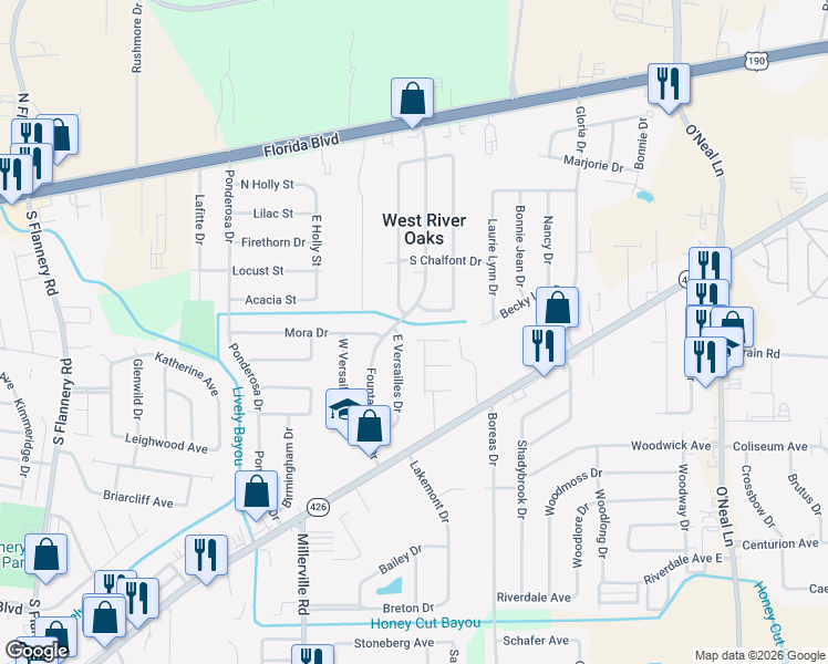 map of restaurants, bars, coffee shops, grocery stores, and more near 14923 Banff Court in Baton Rouge