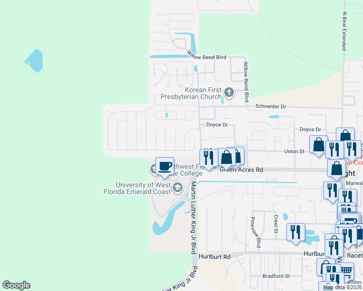 map of restaurants, bars, coffee shops, grocery stores, and more near 703 Meadow Lane in Fort Walton Beach