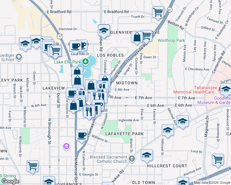 map of restaurants, bars, coffee shops, grocery stores, and more near 510 East 7th Avenue in Tallahassee