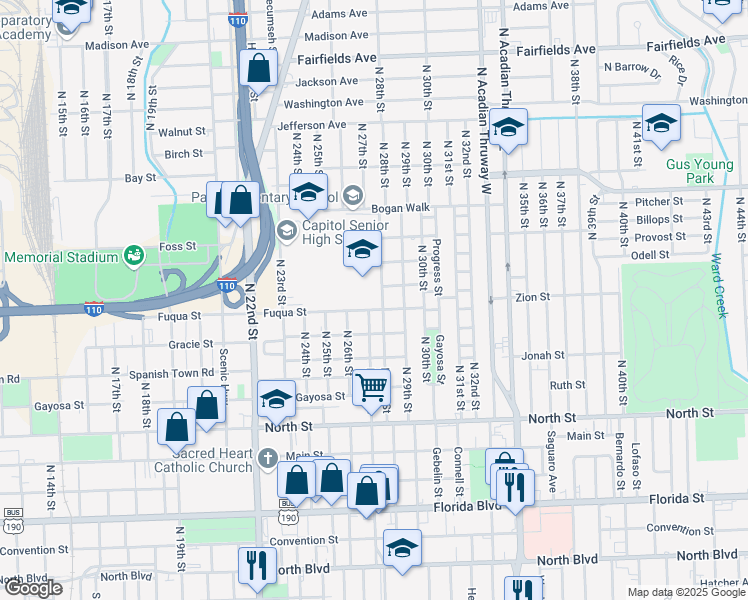 map of restaurants, bars, coffee shops, grocery stores, and more near 2700 Fuqua Street in Baton Rouge
