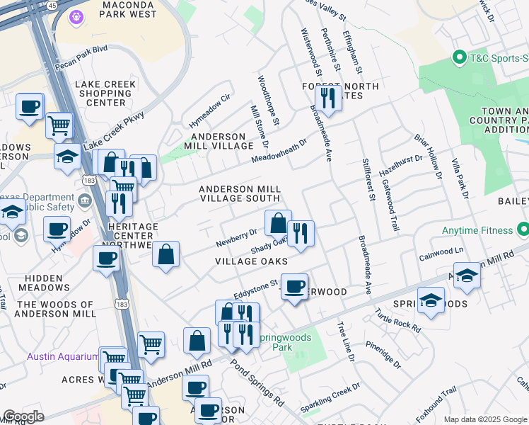 map of restaurants, bars, coffee shops, grocery stores, and more near 9511 Woodvale Drive in Austin