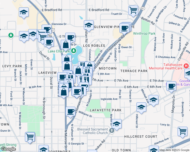map of restaurants, bars, coffee shops, grocery stores, and more near 414 East 7th Avenue in Tallahassee