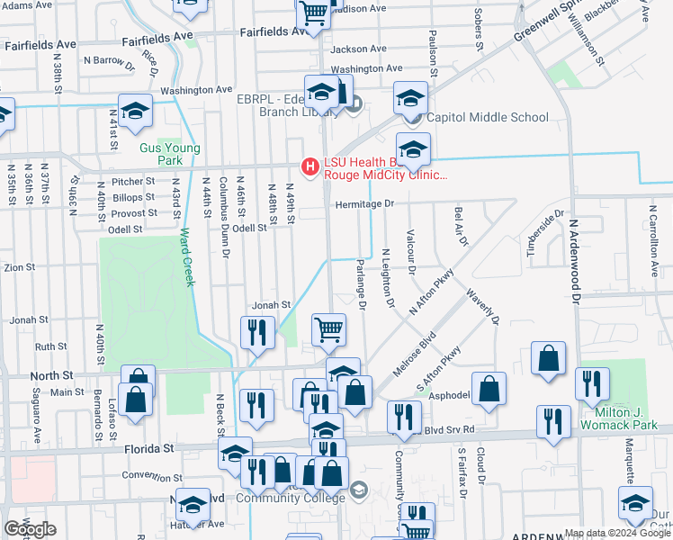 map of restaurants, bars, coffee shops, grocery stores, and more near 1024 North Foster Drive in Baton Rouge