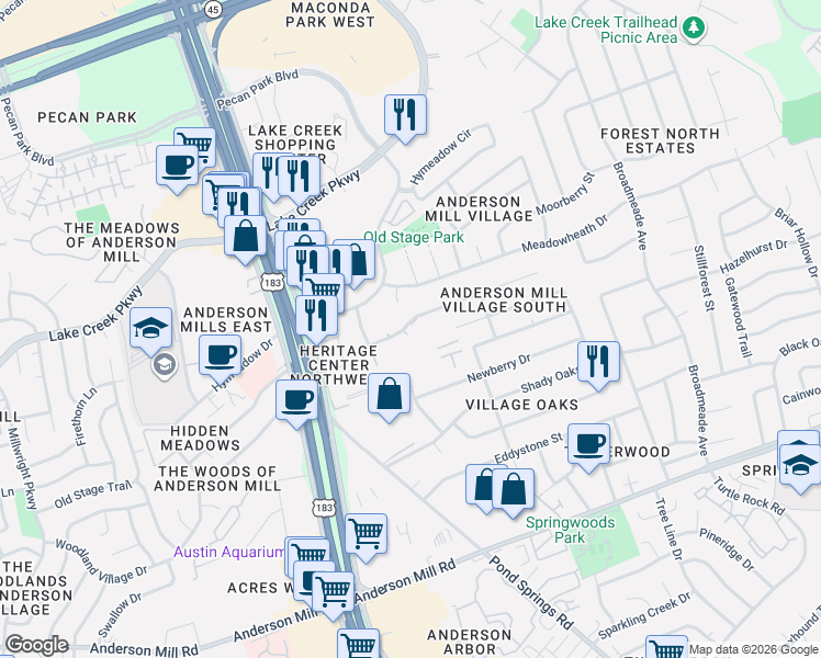 map of restaurants, bars, coffee shops, grocery stores, and more near 9811 Copper Creek Drive in Austin