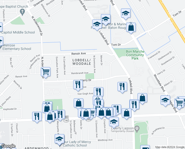 map of restaurants, bars, coffee shops, grocery stores, and more near 855 North Donmoor Avenue in Baton Rouge
