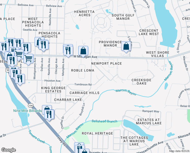 map of restaurants, bars, coffee shops, grocery stores, and more near 2535 Chateau Court in Pensacola