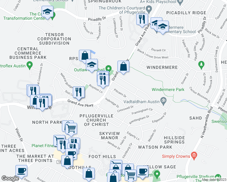 map of restaurants, bars, coffee shops, grocery stores, and more near 1301 Batavia Drive in Pflugerville