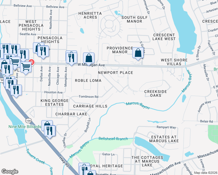 map of restaurants, bars, coffee shops, grocery stores, and more near 2511 Tomlinson Road in Pensacola