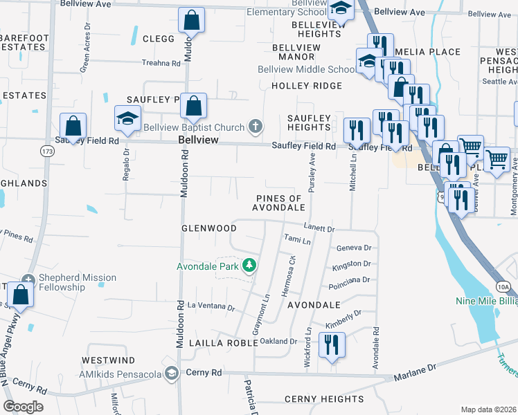 map of restaurants, bars, coffee shops, grocery stores, and more near 4812 Lanett Drive in Pensacola