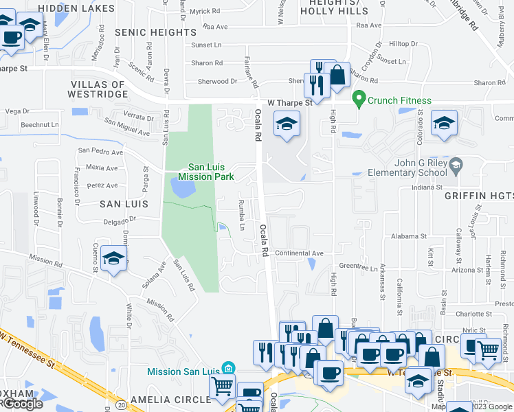 map of restaurants, bars, coffee shops, grocery stores, and more near 1350 Ocala Road in Tallahassee