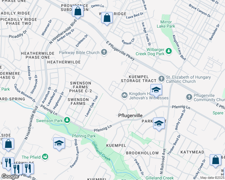 map of restaurants, bars, coffee shops, grocery stores, and more near 17100 Carmel Cricket Drive in Pflugerville