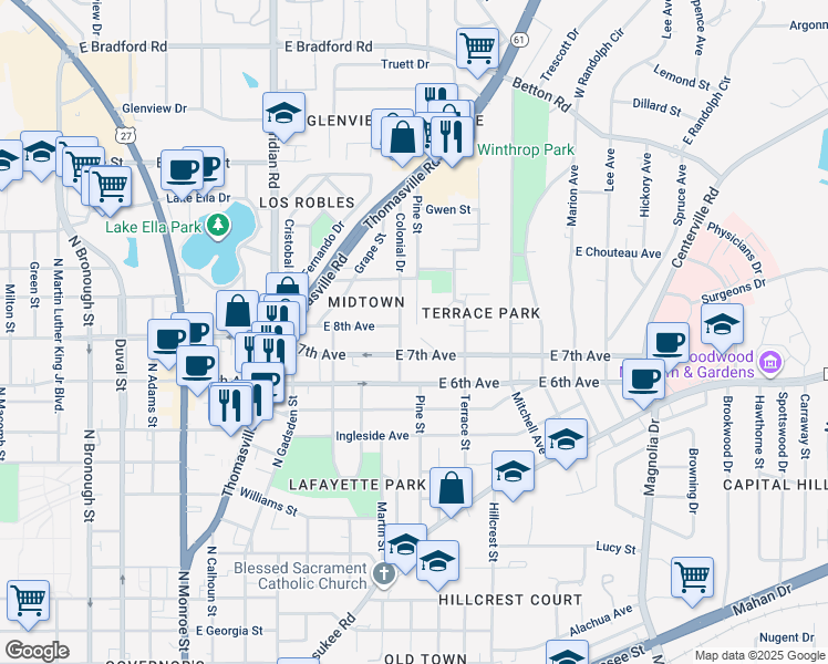 map of restaurants, bars, coffee shops, grocery stores, and more near 1335 Colonial Drive in Tallahassee