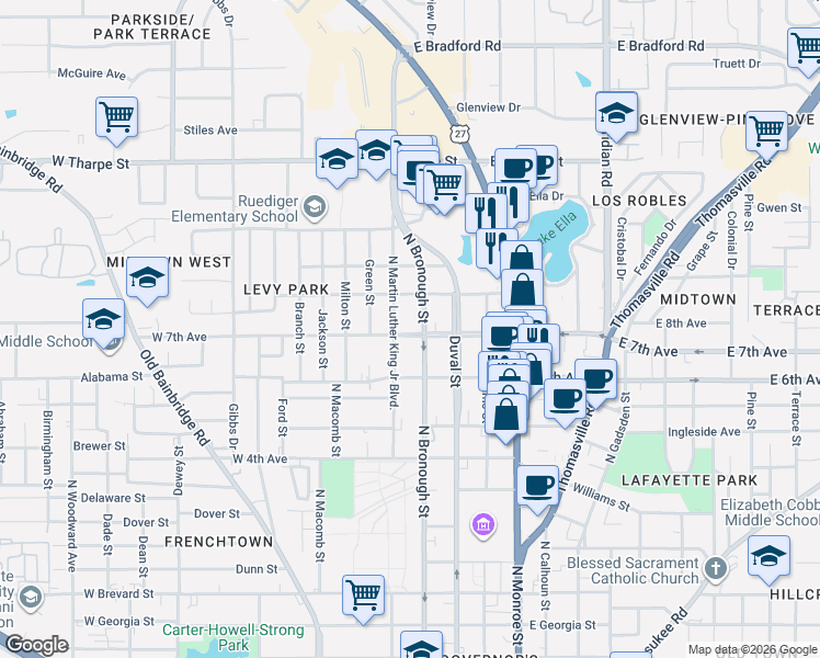 map of restaurants, bars, coffee shops, grocery stores, and more near 319 West 7th Avenue in Tallahassee