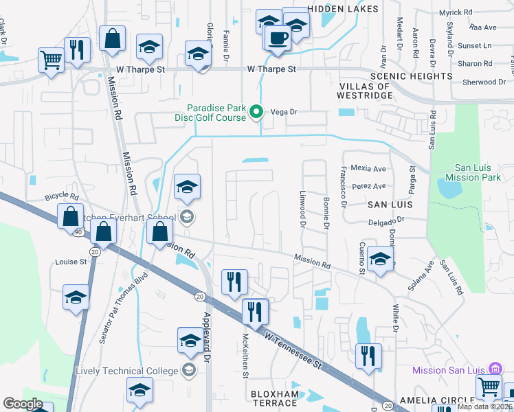 map of restaurants, bars, coffee shops, grocery stores, and more near 2616 West Mission Road in Tallahassee