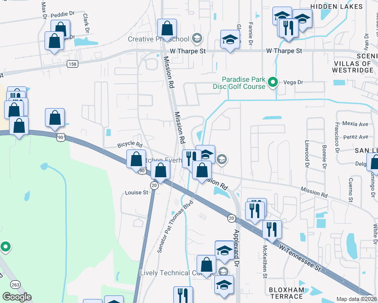 map of restaurants, bars, coffee shops, grocery stores, and more near 2801 North Mission Road in Tallahassee