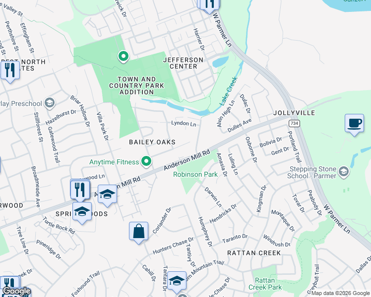 map of restaurants, bars, coffee shops, grocery stores, and more near 8410 Anderson Mill Road in Austin