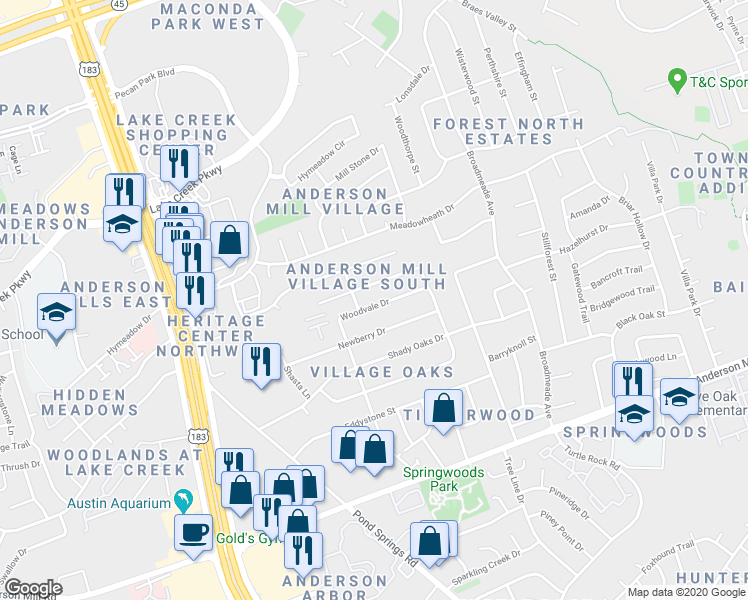 map of restaurants, bars, coffee shops, grocery stores, and more near 9517 Woodvale Drive in Austin