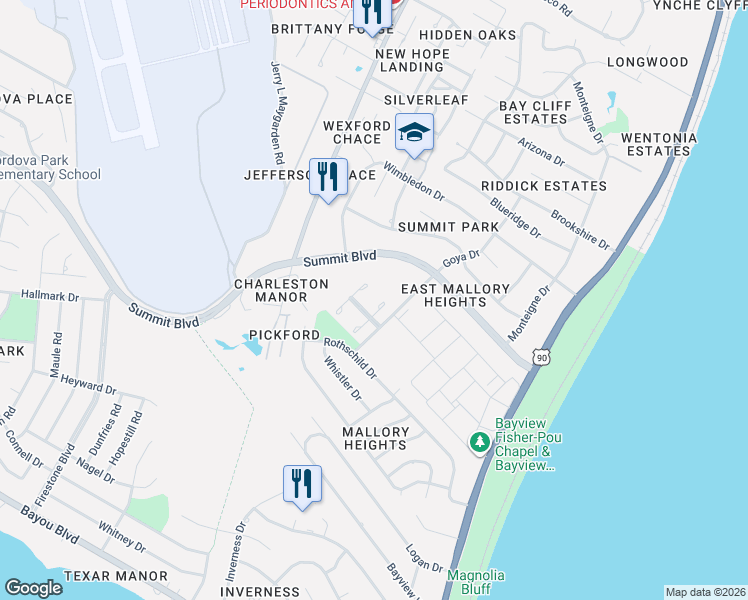 map of restaurants, bars, coffee shops, grocery stores, and more near 3540 La Mancha Way in Pensacola