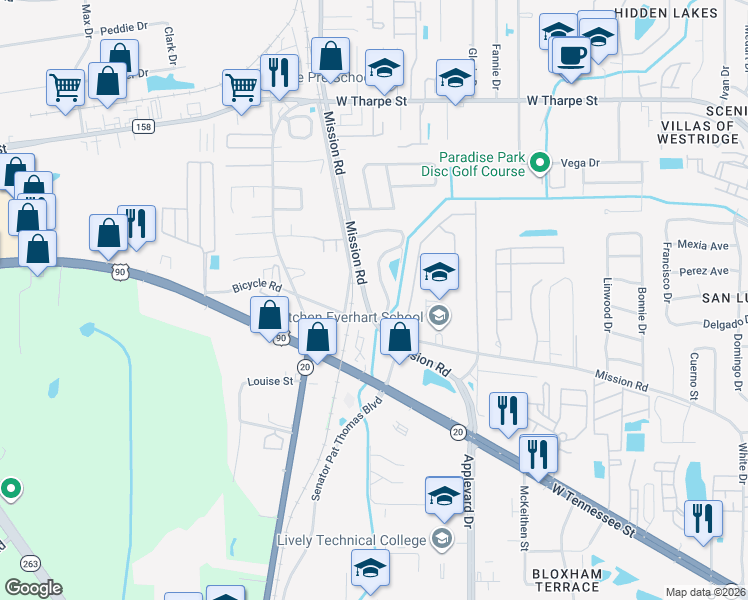map of restaurants, bars, coffee shops, grocery stores, and more near 2801 North Mission Road in Tallahassee