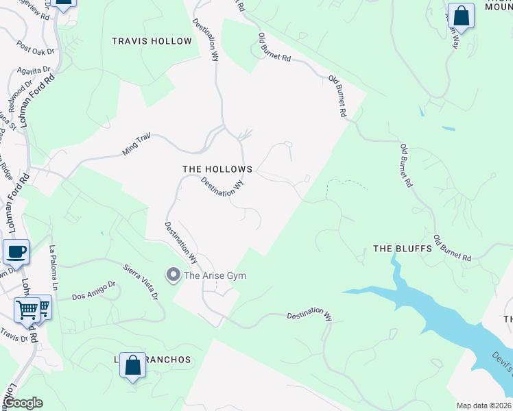 map of restaurants, bars, coffee shops, grocery stores, and more near 19444 Serenity Place in Lago Vista