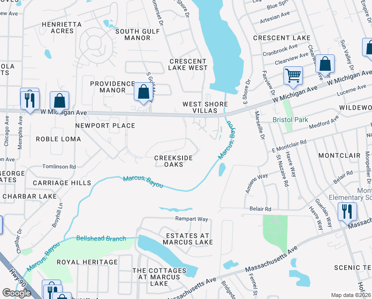 map of restaurants, bars, coffee shops, grocery stores, and more near 2219 Valley Escondido Drive in Pensacola