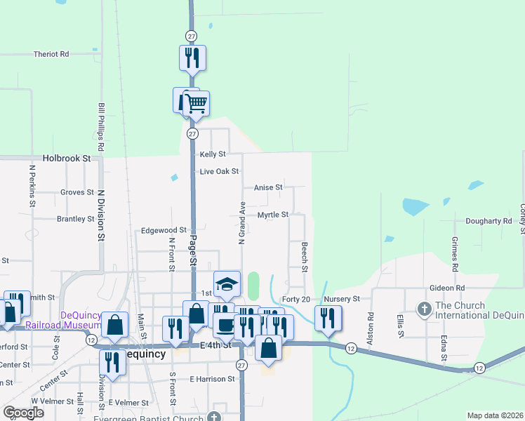 map of restaurants, bars, coffee shops, grocery stores, and more near 900-923 Myrtle Street in DeQuincy