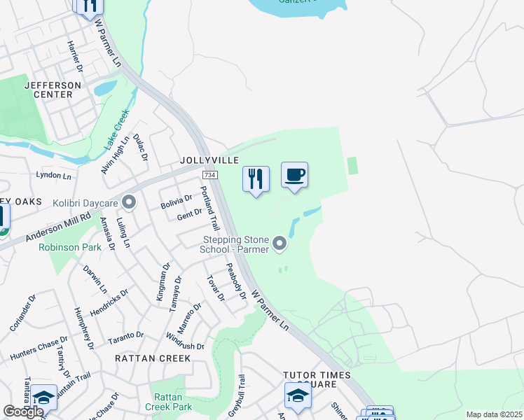map of restaurants, bars, coffee shops, grocery stores, and more near 7700 West Parmer Lane in Austin