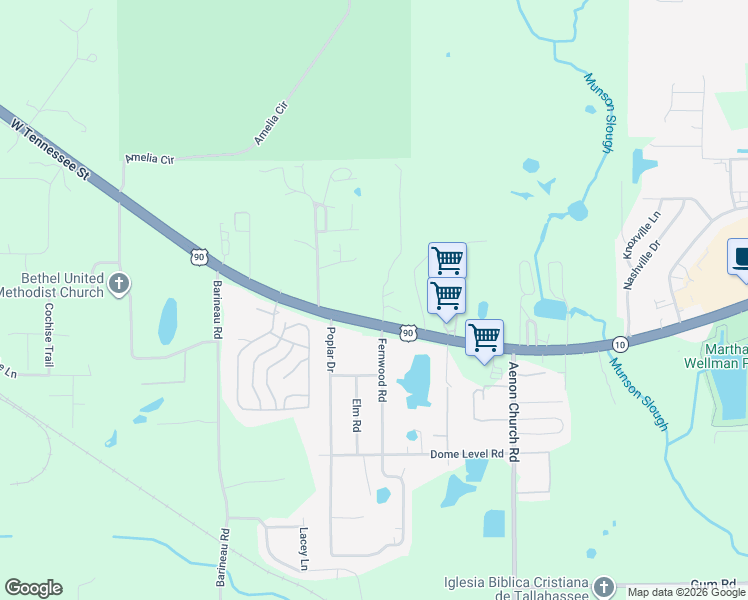 map of restaurants, bars, coffee shops, grocery stores, and more near Burks Lane in Tallahassee