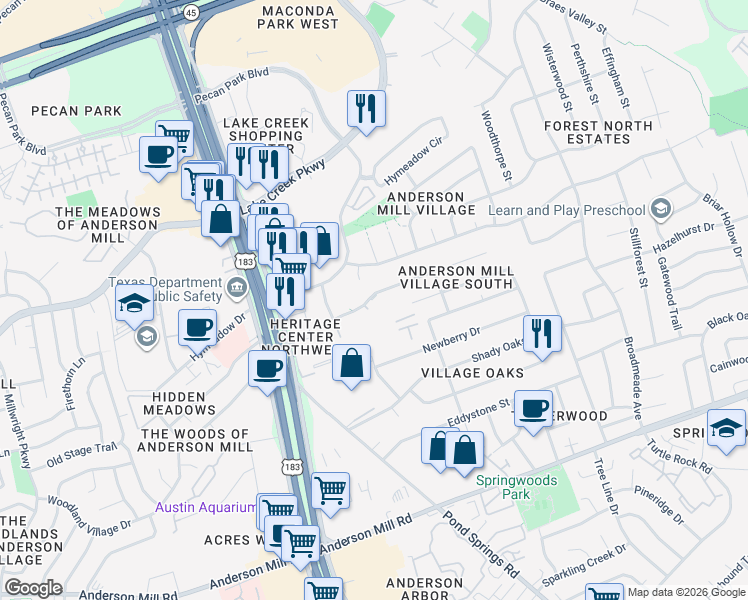 map of restaurants, bars, coffee shops, grocery stores, and more near 9811 Copper Creek Drive in Austin
