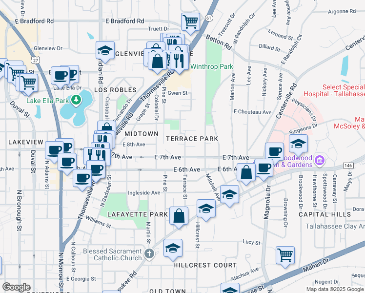 map of restaurants, bars, coffee shops, grocery stores, and more near 1340 Terrace Street in Tallahassee
