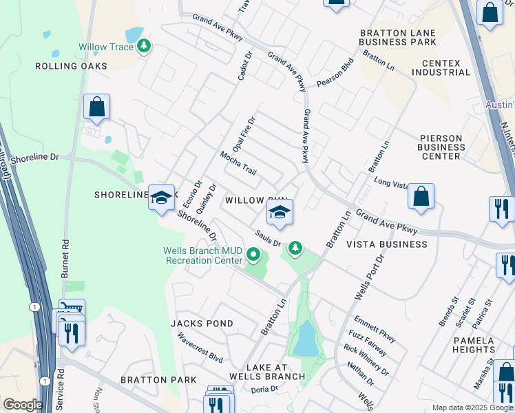 map of restaurants, bars, coffee shops, grocery stores, and more near 3301 Kissman Drive in Austin