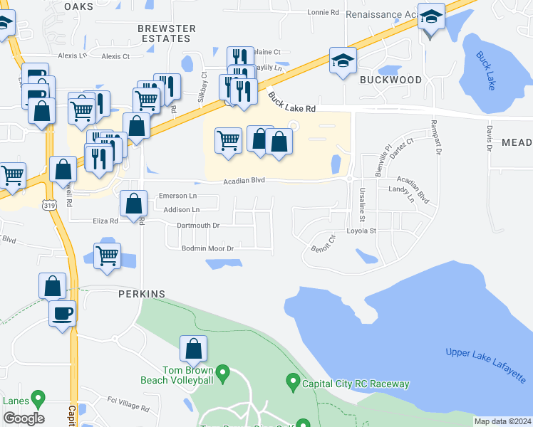 map of restaurants, bars, coffee shops, grocery stores, and more near 3492 Barnstaple Drive in Tallahassee