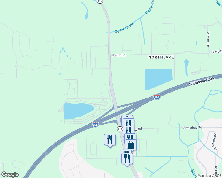 map of restaurants, bars, coffee shops, grocery stores, and more near 5340 Newcomb Road in Jacksonville