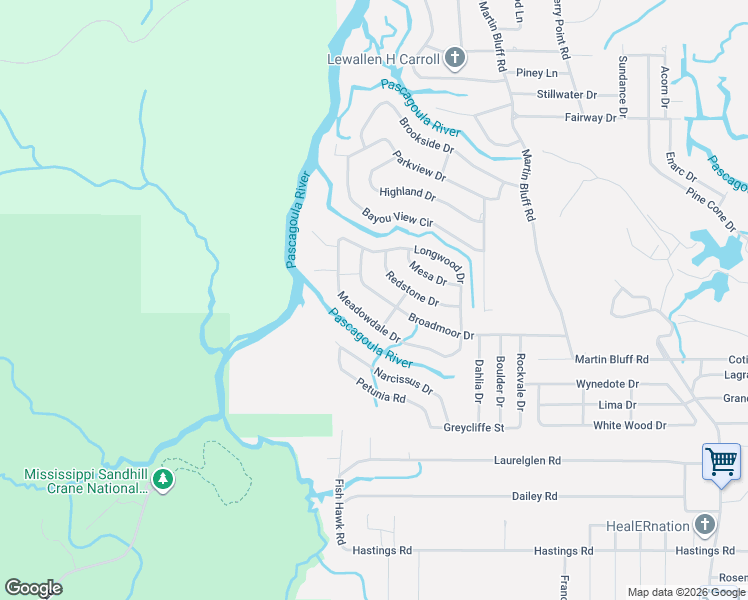 map of restaurants, bars, coffee shops, grocery stores, and more near 8304-8320 Meadowdale Dr in Gautier