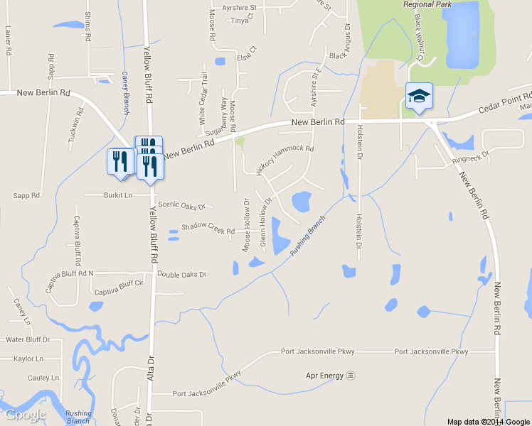 map of restaurants, bars, coffee shops, grocery stores, and more near 12259 Glenn Hollow Drive in Jacksonville