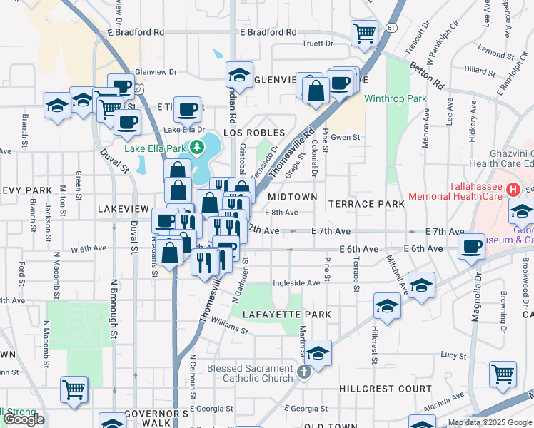 map of restaurants, bars, coffee shops, grocery stores, and more near 510 East 7th Avenue in Tallahassee