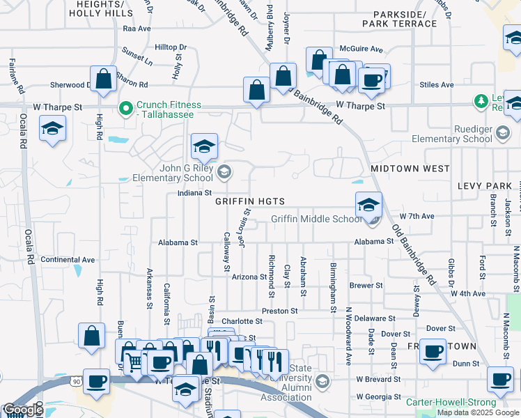 map of restaurants, bars, coffee shops, grocery stores, and more near 1306 Idaho Street in Tallahassee