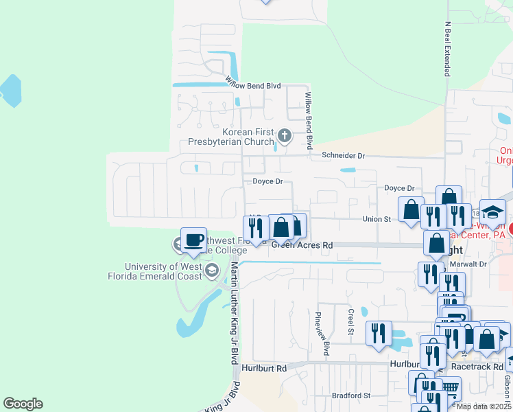 map of restaurants, bars, coffee shops, grocery stores, and more near 1309 Green Acres Boulevard in Fort Walton Beach