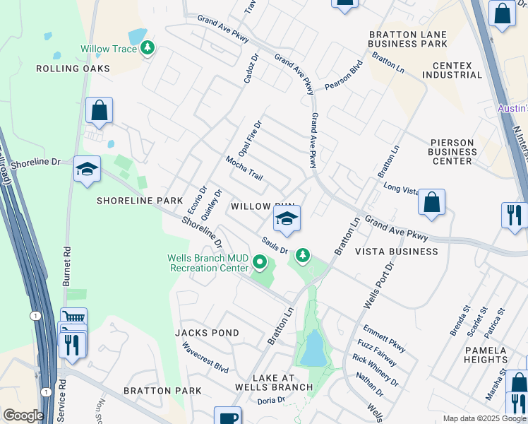 map of restaurants, bars, coffee shops, grocery stores, and more near 3301 Kissman Drive in Austin