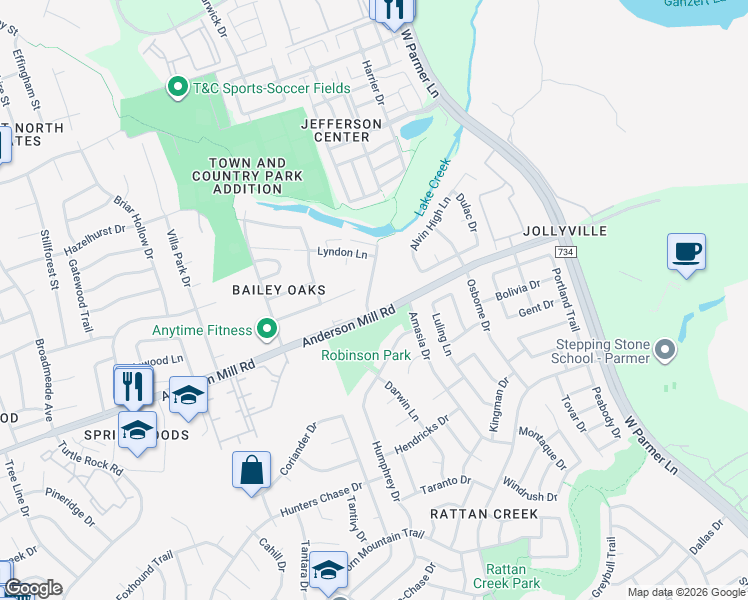 map of restaurants, bars, coffee shops, grocery stores, and more near 13301 Saddlebrook Trail in Austin