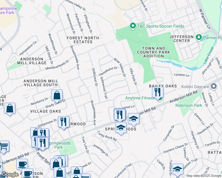 map of restaurants, bars, coffee shops, grocery stores, and more near 9009 Bridgewood Trail in Austin