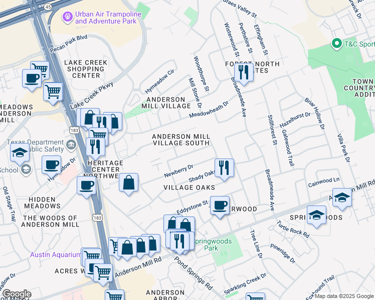 map of restaurants, bars, coffee shops, grocery stores, and more near 9517 Woodvale Drive in Austin