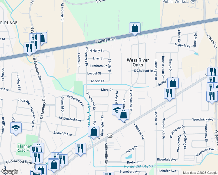 map of restaurants, bars, coffee shops, grocery stores, and more near 14554 Mora Drive in Baton Rouge