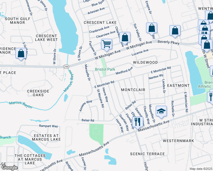 map of restaurants, bars, coffee shops, grocery stores, and more near 929 East Montclair Road in Pensacola