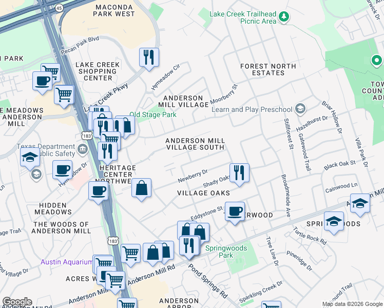 map of restaurants, bars, coffee shops, grocery stores, and more near 9617 Dalewood Drive in Austin
