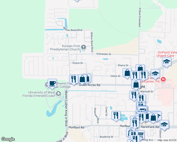 map of restaurants, bars, coffee shops, grocery stores, and more near 602 Marcel Street in Fort Walton Beach